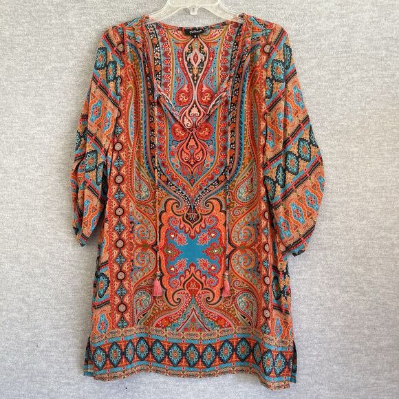Tolani Boho Silk Tunic Dress Size M Vibrant Festival Hippie Tassels Cover Up - Picture 6 of 16